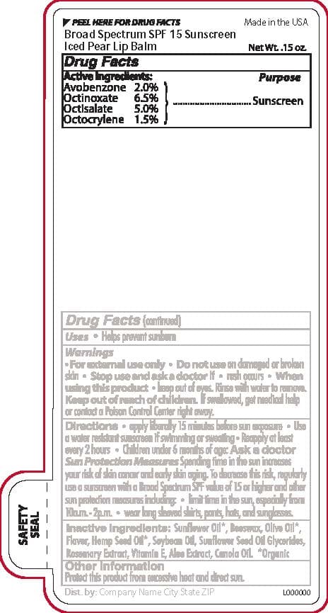 Iced Pear SPF 15 Broad Spectrum Lip Balm package label