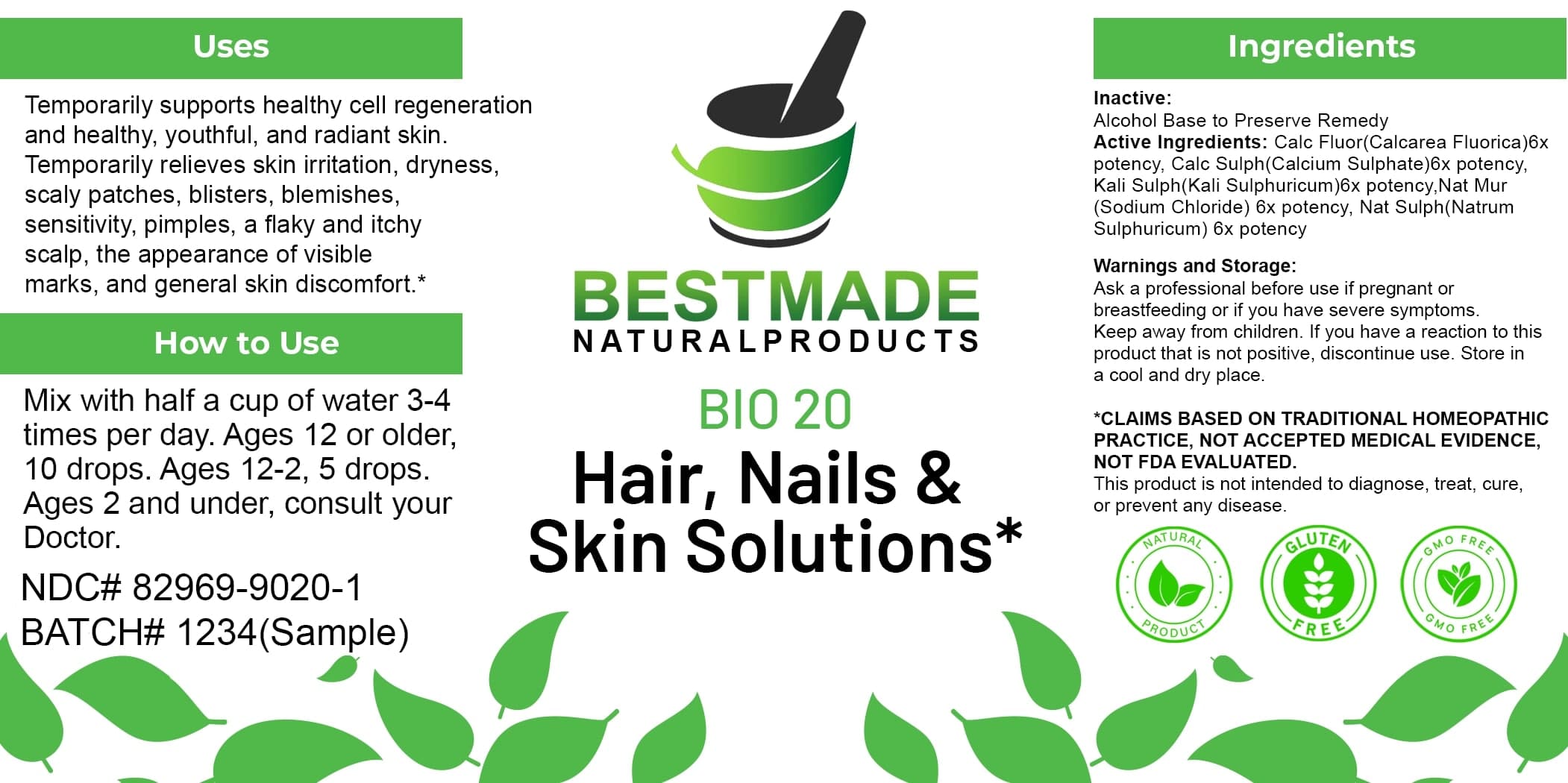 Bestmade Natural Products Bio20 package label