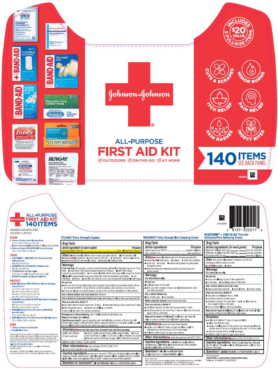 Johnson and Johnson First Aid All Purpose (Acetaminophen, Diphenhydramine Hydrochloride, Zinc Acetate, Neomycin Sulfate, Polymyxin B Sulfate, and Pramoxine Hydrochloride) package label