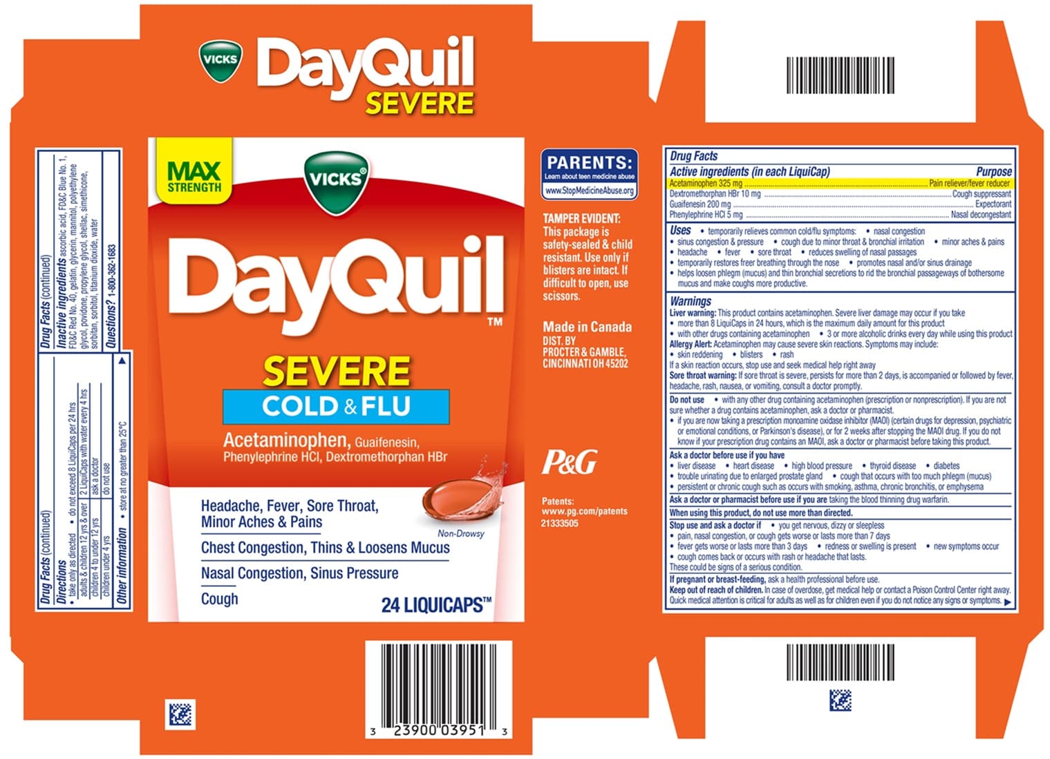 Vicks Dayquil Severe (Acetaminophen, Phenylephine Hcl, Dextromethorphan Hydrobromide, and Guaifenesin) package label