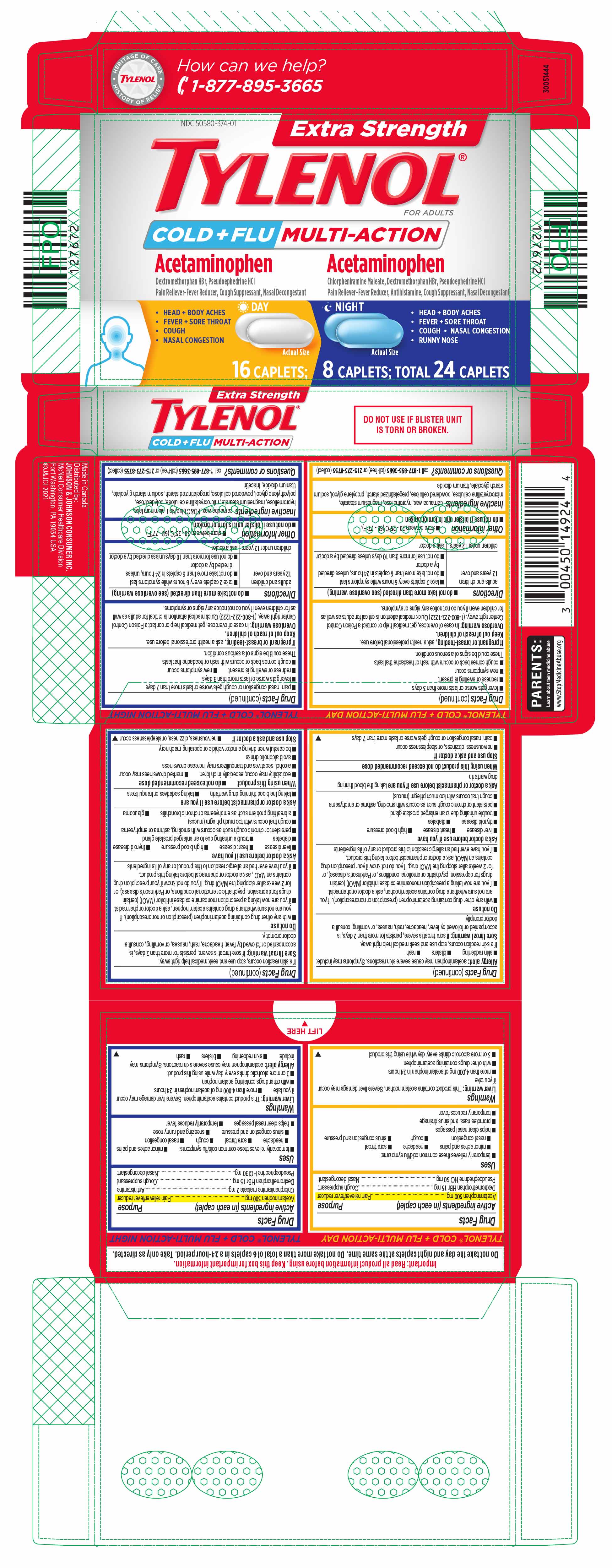 Extra Strength Tylenol Cold Plus Flu Multi-Action (Acetaminophen, Pseudoephedrine Hydrochloride, Dextromethorphan Hydrobromide, and Chlorpheniramine Maleate) package label