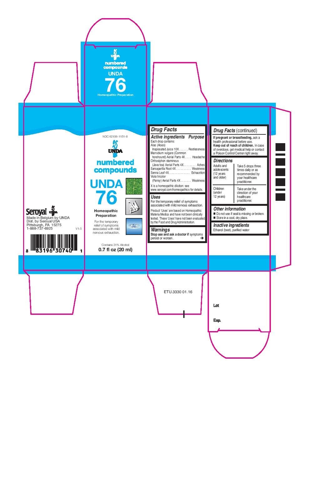 Unda 76 (Aloe, Marrubium Vulgare, Orthosiphon Stamineus, Sarsaparilla, Senna, Viola Tricolor) package label