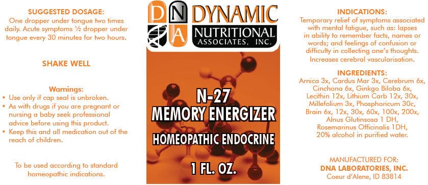 N-27 (Arnica Montana, Milk Thistle, Sus Scrofa Cerebrum, Cinchona Officinalis Bark, Ginkgo Biloba Whole, Lecithin, Soybean, Lithium Carbonate, Achillea Millefolium, Phosphoric Acid, Pork Brain, Alnus Glutinosa Whole, and Rosmarinus Officinalis Flowering Top) package label