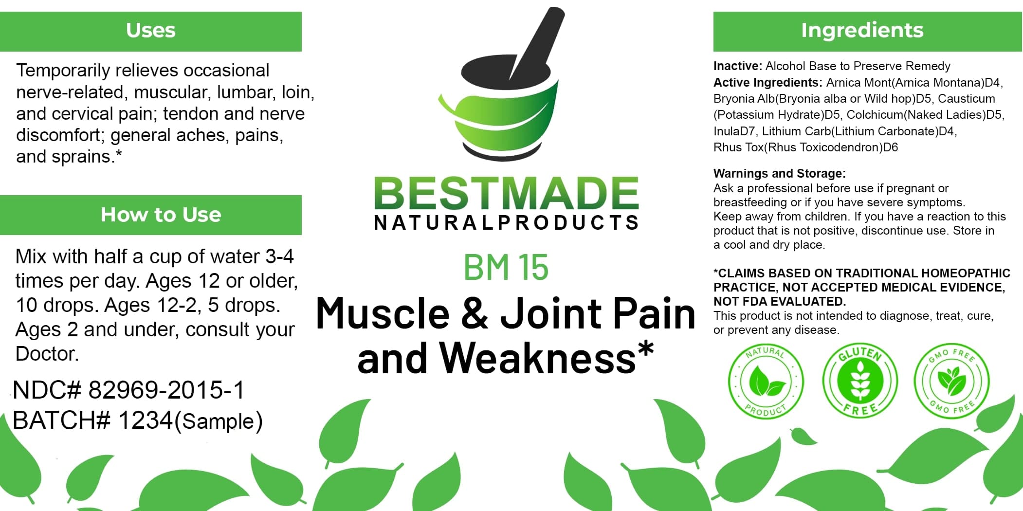 Bestmade Natural Products Bm15 (Arnica Montd4, Bryonia Albd5, Causticumd5, Colchicumd5, Inulad7, Lithium Carbd4, Rhus Toxd6) package label