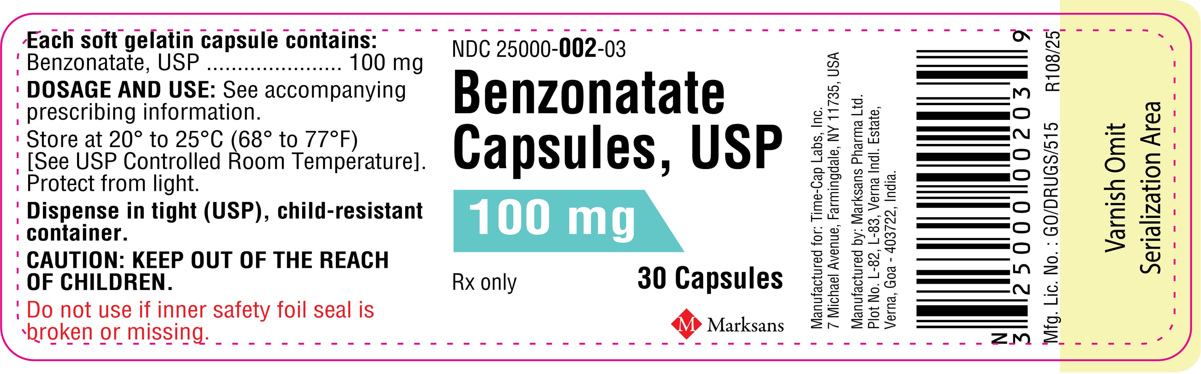 Benzonatate 100 Mg package label