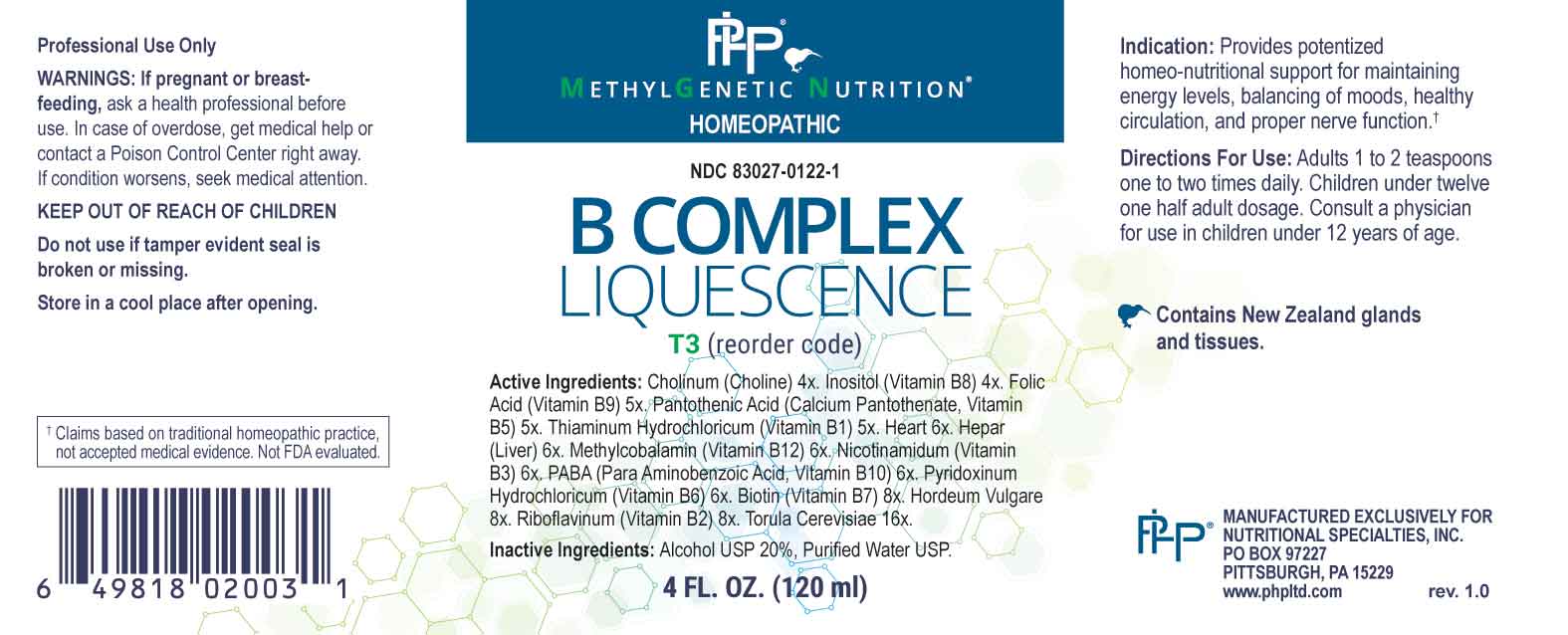 B Complex Liquescence (Cholinum (choline), Inositol (vitamin B8), Folic Acid (vitamin B9), Pantothenic Acid (calcium Pantothenate, Vitamin B5), Thiaminum Hydrochloricum (vitamin B1), Heart (bovine), Hepar (bovine), Methylcobalamin (vitamin B12), Nicotinamidum (vitamin B3), Paba (para Aminobenzoic Acid Vitamin B10), Pyridoxinum Hydrochloricum (vitamin B6), Biotin (vitamin B7), Hordeum Vulgare, Riboflavinum (vitamin B2), Torula Cerevisiae) package label