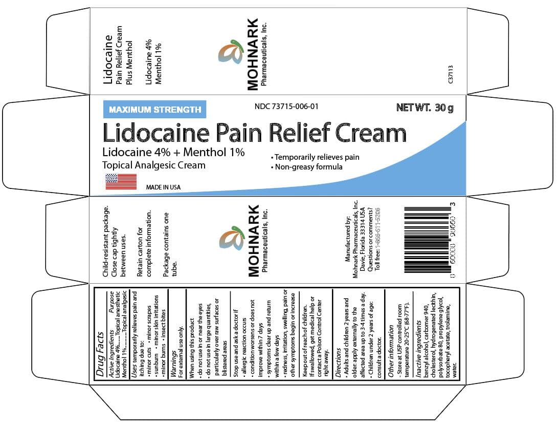 Lidocaine 4% Plus Menthol 1% Pain Cream — Reference image, actual packaging may vary