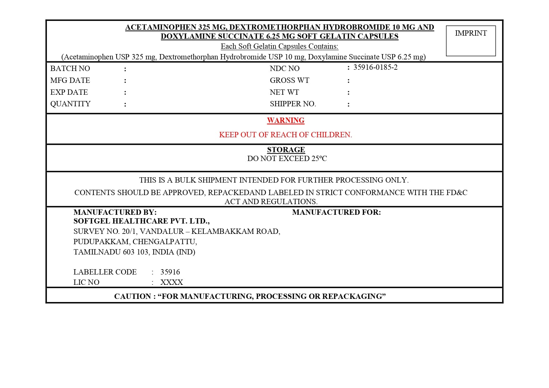 Acetaminophen, Dextromethorphan HBR and Doxylamine Succinate package label
