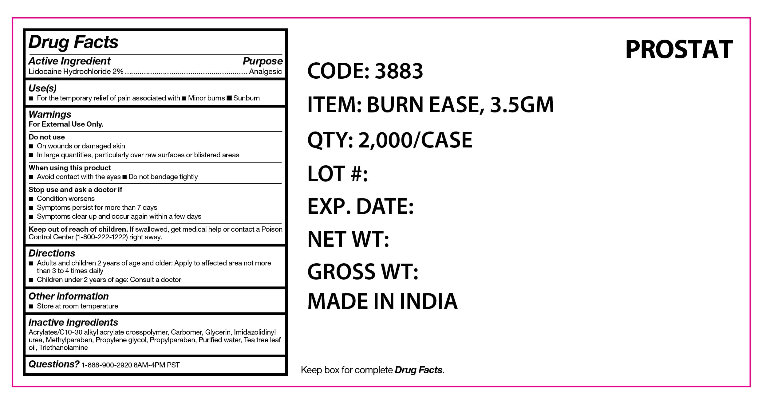 Burn Ease, 3.5g package label