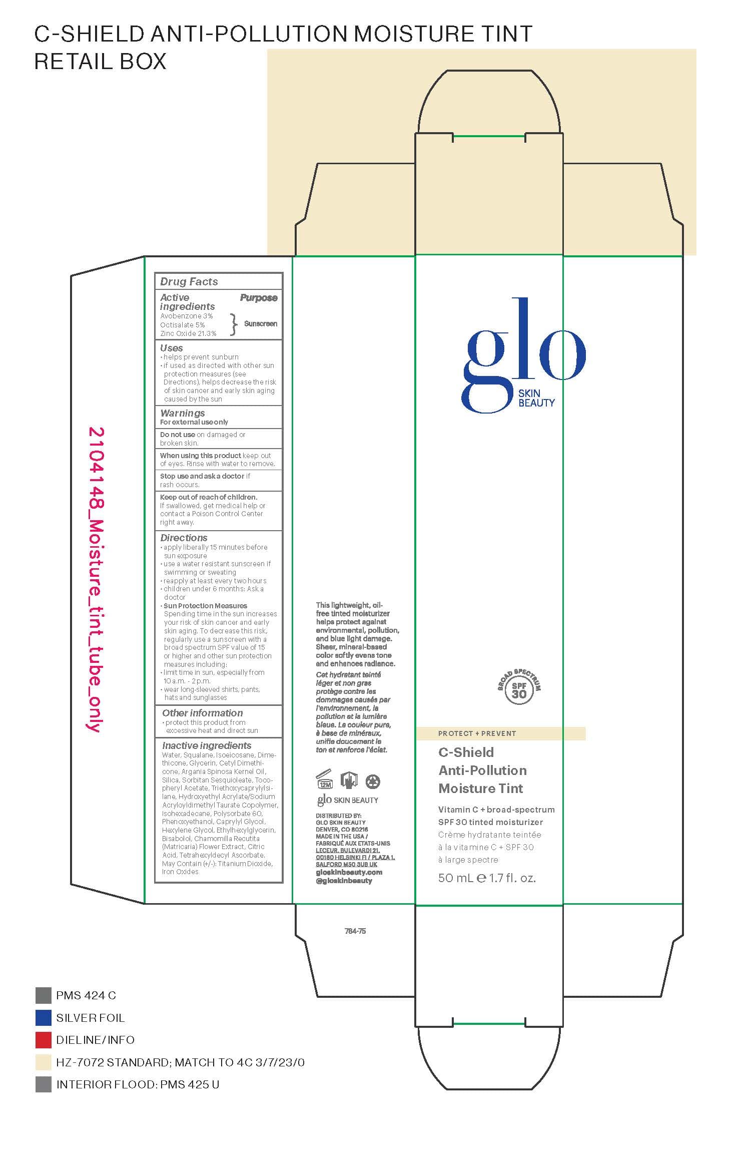 Glo Skin Beauty C-Shield Anti-Pollution Moisture Tint Broad Spectrum SPF 30 package label