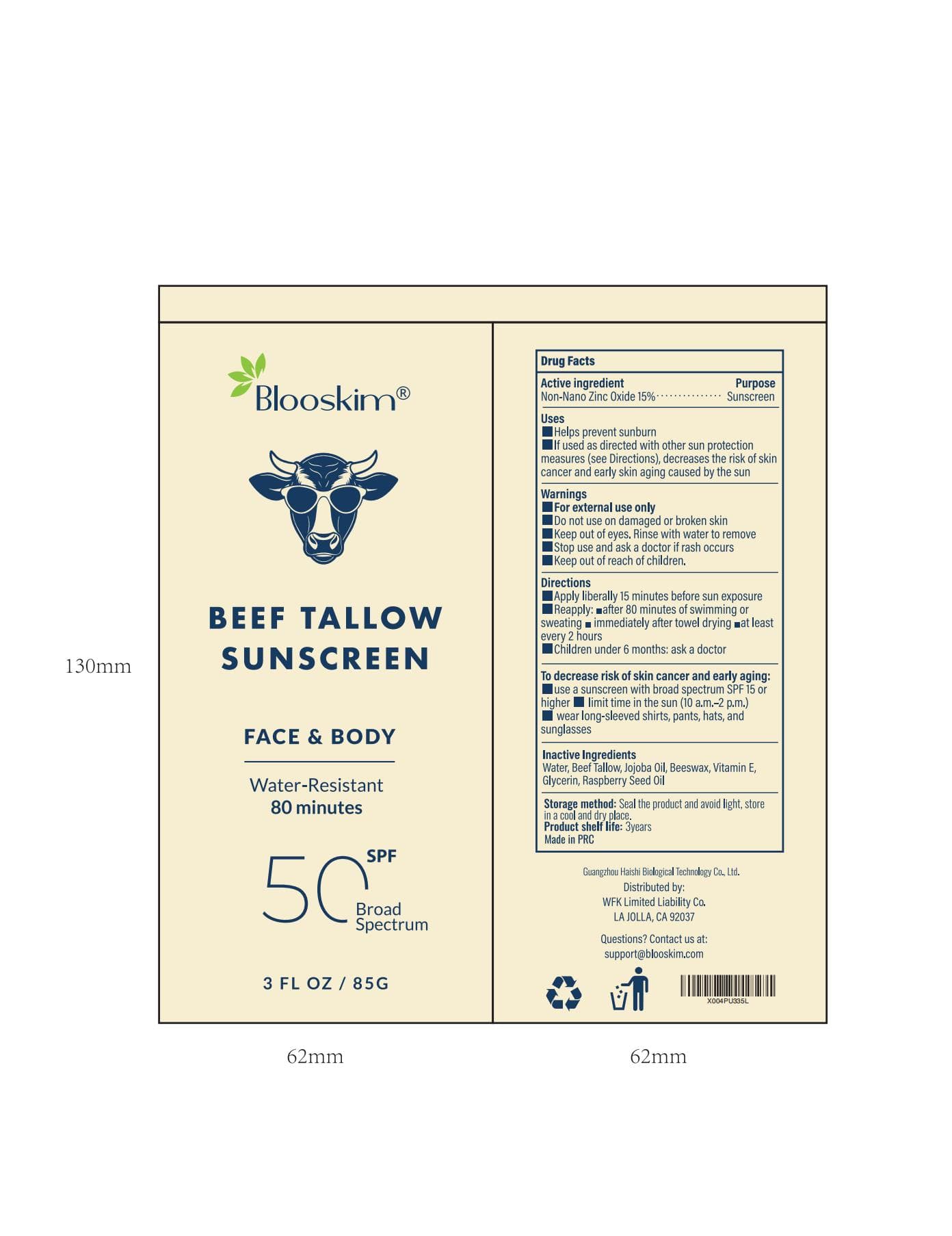 Blooskim Beef Tallow Sunscreen package label
