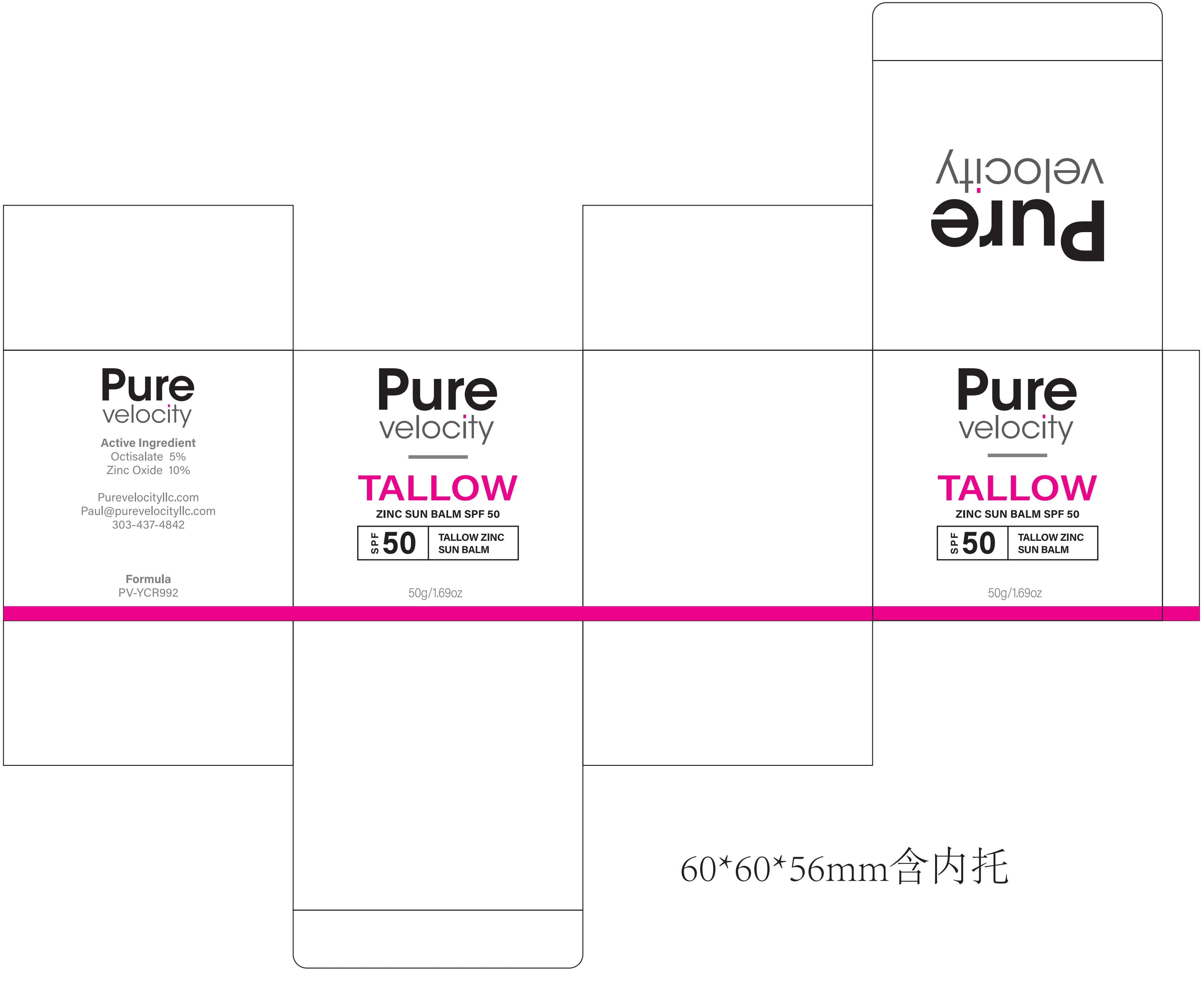 Pure Velocity Tallow Zinc Sun Balm SPF 50 package label