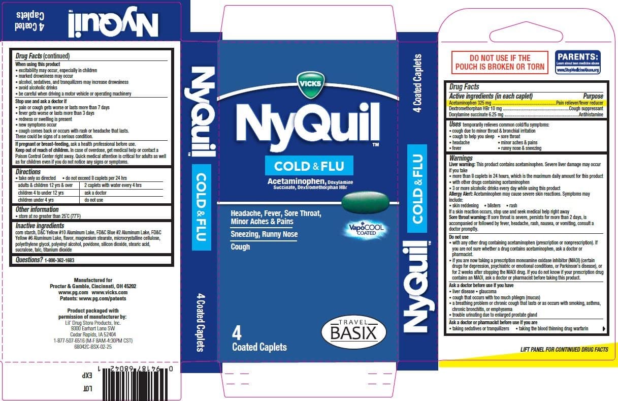 Nyquil Cold and Flu W/vapocool, 4ct, Travel Basix package label