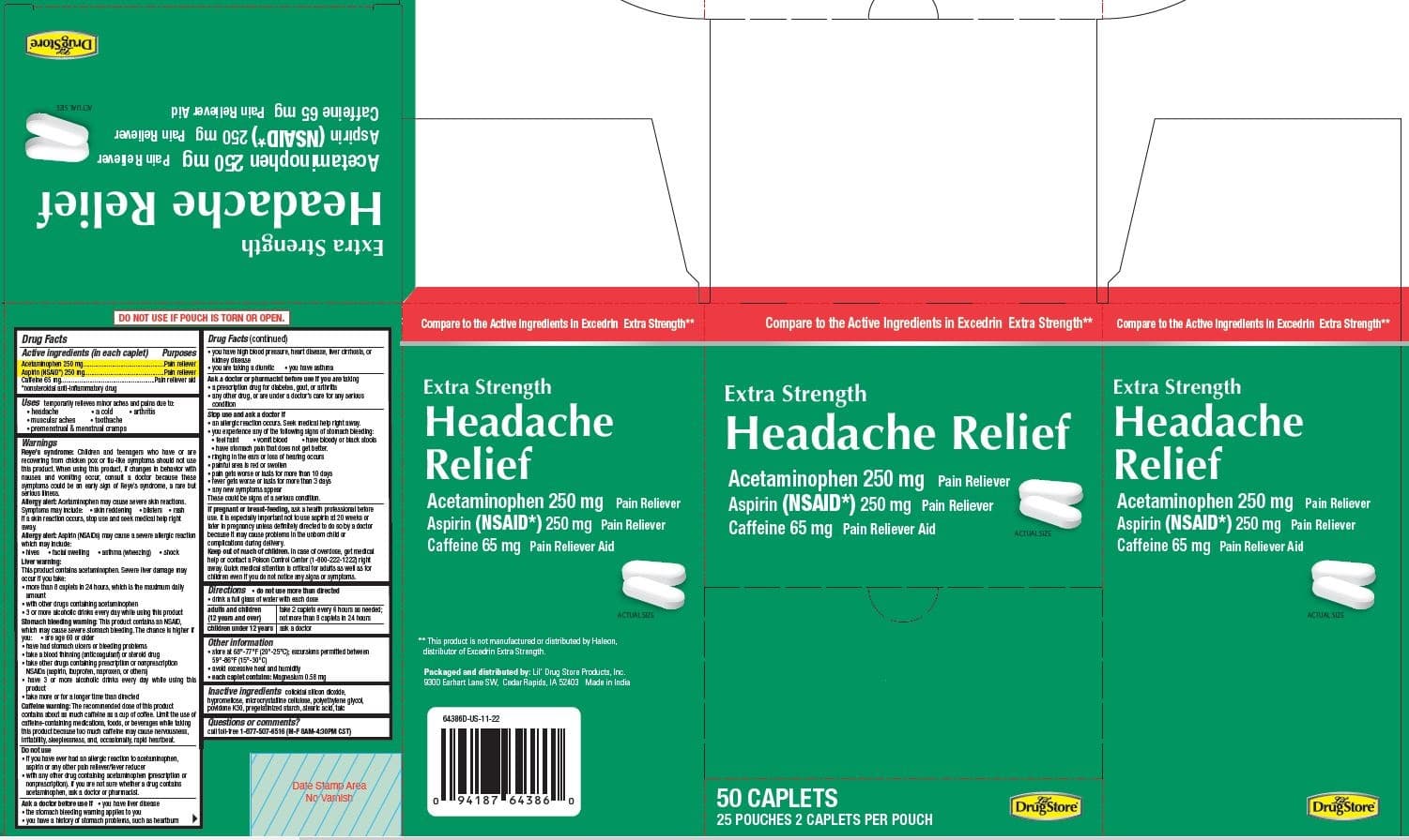 Extra Strenght Headache Relief- Acetaminophen, Aspirin, Caffeine Tablet package label