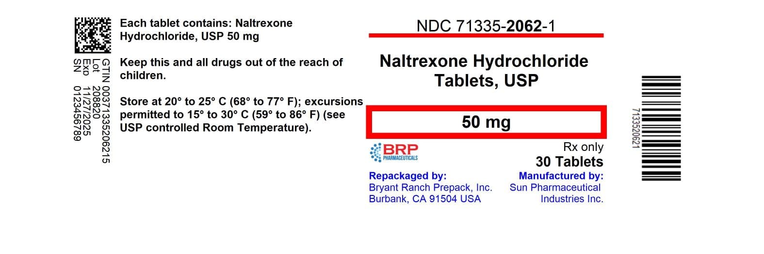 Naltrexone Hydrochloride package label