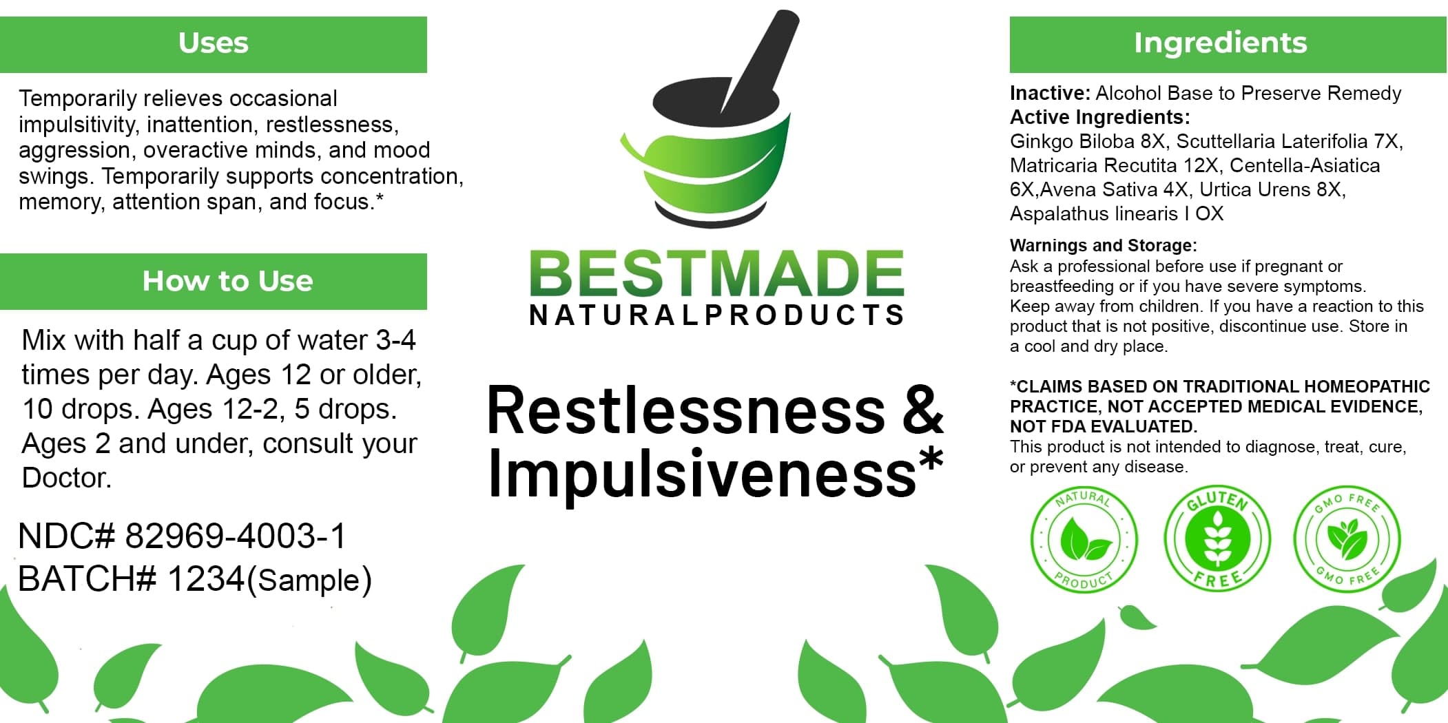 Bestmade Natural Products Restlessness and Impulsiveness package label