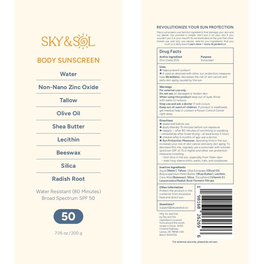 Sky and Sol Body Sunscreen package label